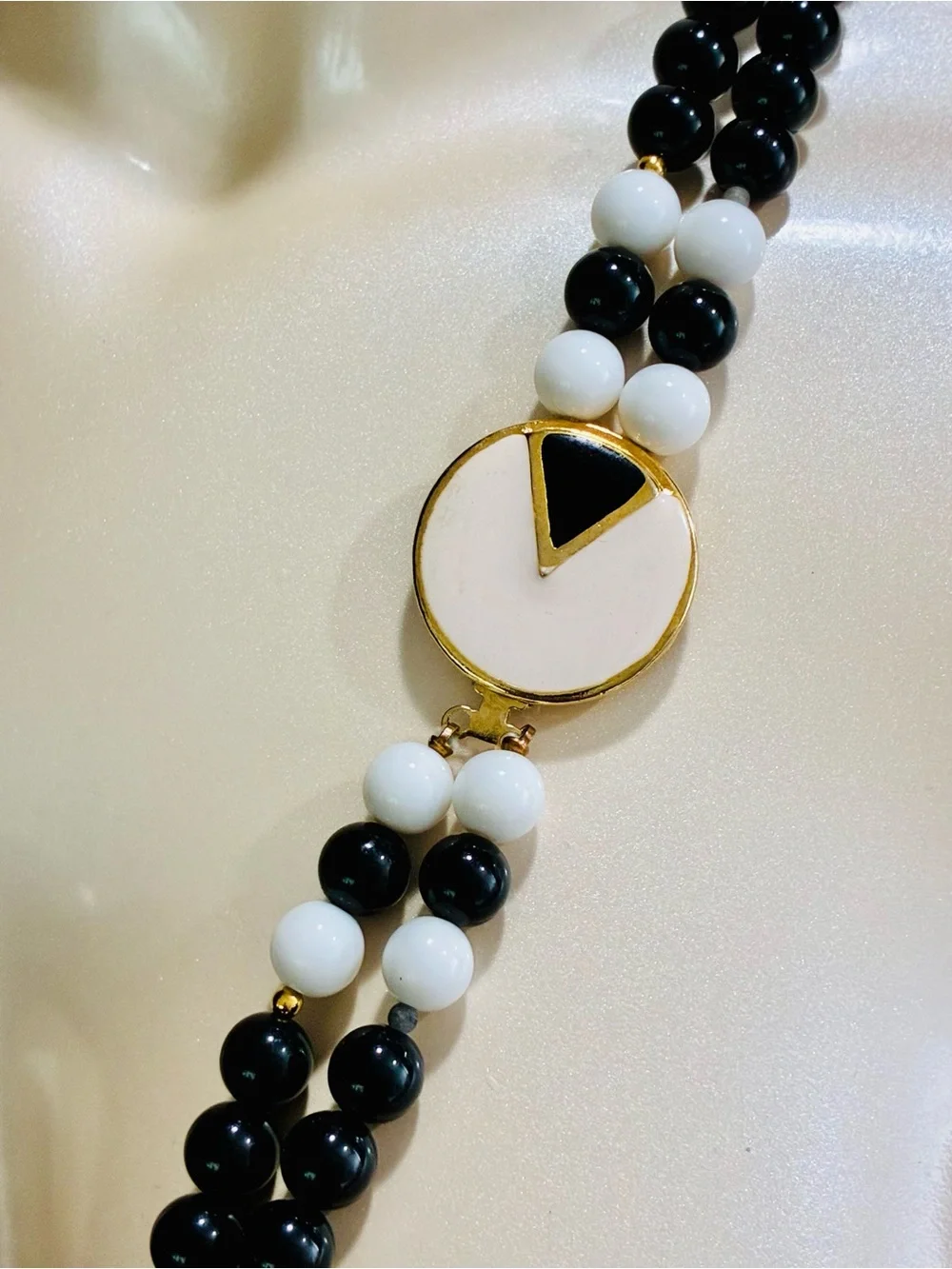 VTG 80s Black and White Beaded Layered Necklace with Gold Enamel Security Clasp